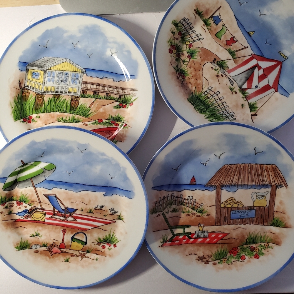 I. Godinger Hamptons Beach Scenes Set/4 Porcelain Dessert Plates Home Essentials